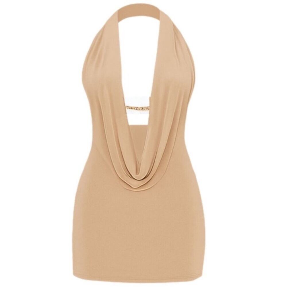 PrettyLittleThing Mini Dress Cowl Chain Halter Bodycon Beige NWT - Picture 8 of 10